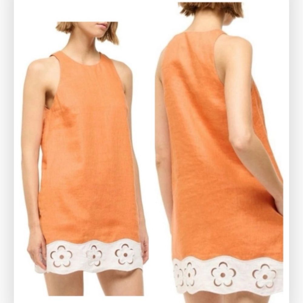 NWT Staud Mika Orange Sleeveless Dress with White Floral Hem $295